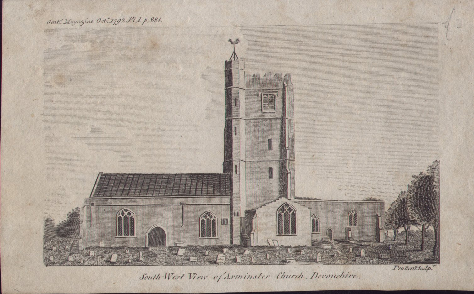 Print - South-West View of Axminster Church, Devonshire. - 